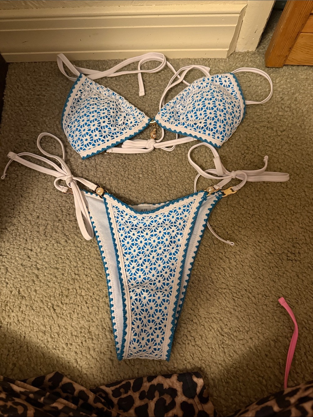 White & Blue Crochet Lace Triangle Bikini Set